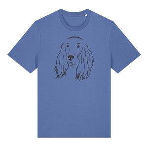 Black outline illustration of the head of an Irish Red Setter on the front of a bright blue unisex t-shirt