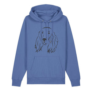 Black outline illustration of the head of an Irish Red Setter on the front of a bright blue unisex Hoodie