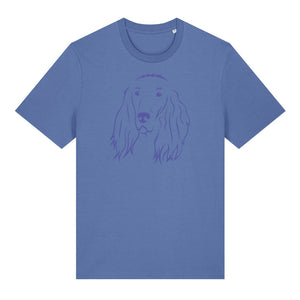 Blue outline illustration of the head of an Irish Red Setter on the front of a bright blue unisex t-shirt