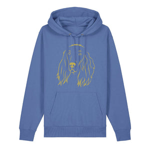 Gold outline illustration of the head of an Irish Red Setter on the front of a bright blue unisex Hoodie