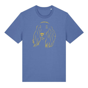 Gold outline illustration of the head of an Irish Red Setter on the front of a bright blue unisex t-shirt