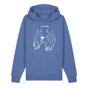 White outline illustration of the head of an Irish Red Setter on the front of a bright blue unisex Hoodie
