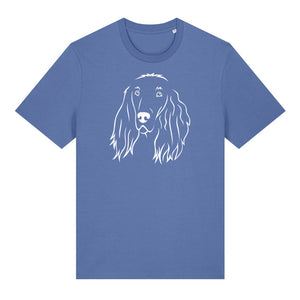 White outline illustration of the head of an Irish Red Setter on the front of a bright blue unisex t-shirt