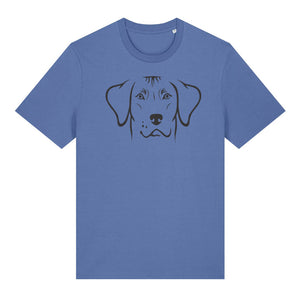 Black outline illustration of the head of a Rhodesian Ridgeback on the front of a bright blue unisex t-shirt