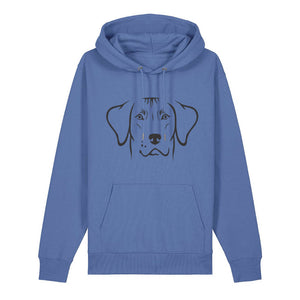 Black outline illustration of the head of a Rhodesian Ridgeback on the front of a bright blue unisex Hoodie