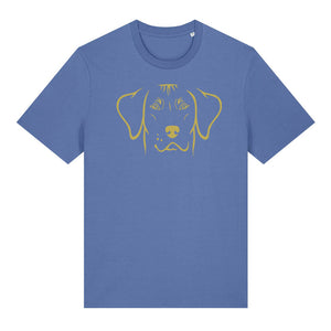 Gold outline illustration of the head of a Rhodesian Ridgeback on the front of a bright blue unisex t-shirt
