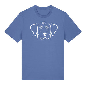 White outline illustration of the head of a Rhodesian Ridgeback on the front of a bright blue unisex t-shirt
