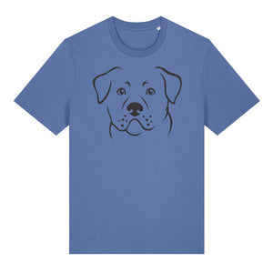Black outline illustration of the head of a Rottweiler on the front of a bright blue unisex t-shirt