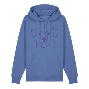Blue outline illustration of the head of a Rottweiler on the front of a bright blue unisex Hoodie