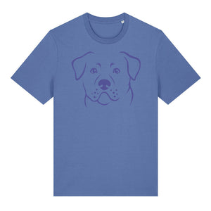 Blue outline illustration of the head of a Rottweiler on the front of a bright blue unisex t-shirt