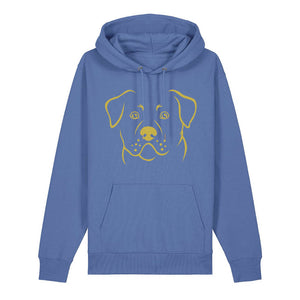 Gold outline illustration of the head of a Rottweiler on the front of a bright blue unisex Hoodie