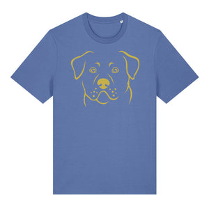 Gold outline illustration of the head of a Rottweiler on the front of a bright blue unisex t-shirt