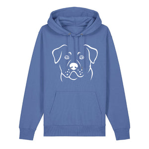 White outline illustration of the head of a Rottweiler on the front of a bright blue unisex Hoodie
