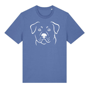 White outline illustration of the head of a Rottweiler on the front of a bright blue unisex t-shirt