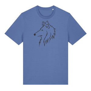 Black outline illustration of the head of a Rough Collie on the front of a bright blue unisex t-shirt