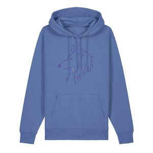 Blue outline illustration of the head of a Rough Collie on the front of a bright blue unisex Hoodie