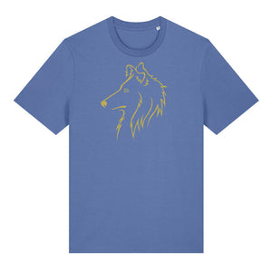 Gold outline illustration of the head of a Rough Collie on the front of a bright blue unisex t-shirt