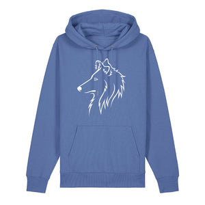 White outline illustration of the head of a Rough Collie on the front of a bright blue unisex Hoodie