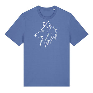 White outline illustration of the head of a Rough Collie on the front of a bright blue unisex t-shirt