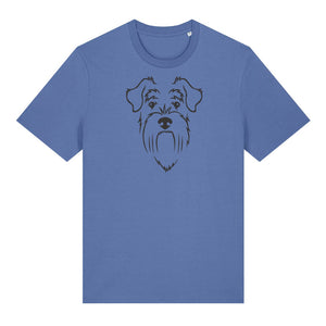 Black outline illustration of the head of a Schnauzer on the front of a bright blue unisex t-shirt