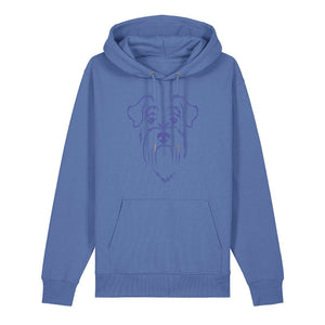 Blue outline illustration of the head of a Schnauzer on the front of a bright blue unisex Hoodie