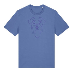 Blue outline illustration of the head of a Schnauzer on the front of a bright blue unisex t-shirt