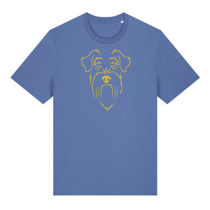 Gold outline illustration of the head of a Schnauzer on the front of a bright blue unisex t-shirt