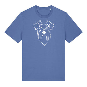 White outline illustration of the head of a Schnauzer on the front of a bright blue unisex t-shirt