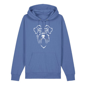 White outline illustration of the head of a Schnauzer on the front of a bright blue unisex Hoodie
