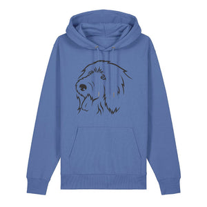 Black outline illustration of the head of an Old English Sheepdog on the front of a bright blue unisex Hoodie