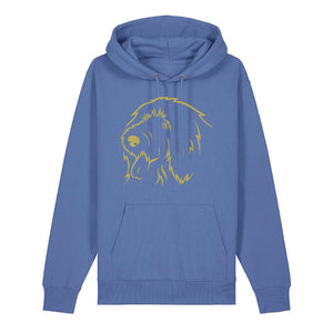 Gold outline illustration of the head of an Old English Sheepdog on the front of a bright blue unisex Hoodie