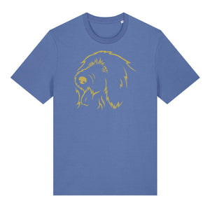 Gold outline illustration of the head of an Old English Sheepdog on the front of a bright blue unisex t-shirt