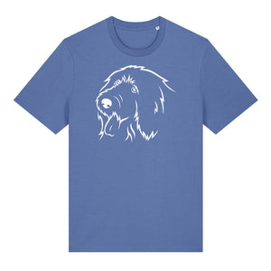 White outline illustration of the head of an Old English Sheepdog on the front of a bright blue unisex t-shirt