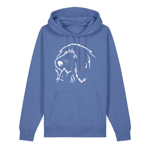 White outline illustration of the head of an Old English Sheepdog on the front of a bright blue unisex Hoodie