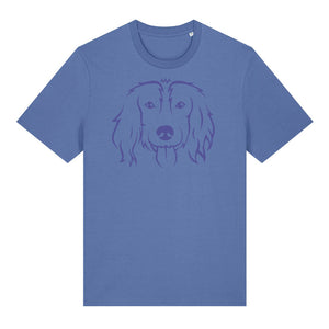 Blue outline illustration of the head of a Spaniel on the front of a bright blue unisex t-shirt
