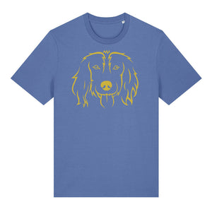 Gold outline illustration of the head of a Spaniel on the front of a bright blue unisex t-shirt