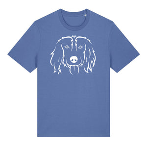 White outline illustration of the head of a Spaniel on the front of a bright blue unisex t-shirt