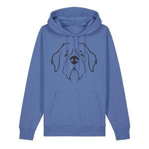 Black outline illustration of the head of a Saint Bernard on the front of a bright blue unisex Hoodie