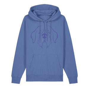 Blue outline illustration of the head of a Saint Bernard on the front of a bright blue unisex Hoodie