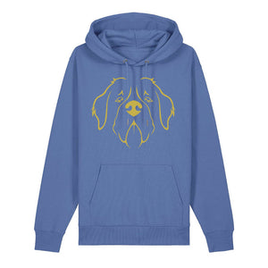 Gold outline illustration of the head of a Saint Bernard on the front of a bright blue unisex Hoodie