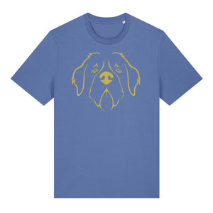 Gold outline illustration of the head of a Saint Bernard on the front of a bright blue unisex t-shirt