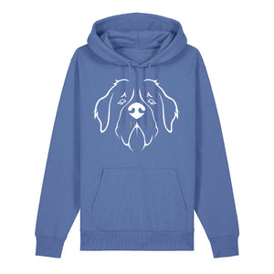 White outline illustration of the head of a Saint Bernard on the front of a bright blue unisex Hoodie