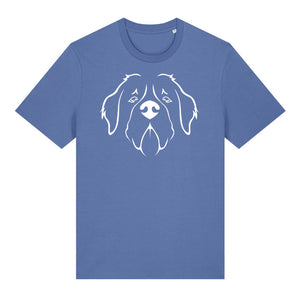 White outline illustration of the head of a Saint Bernard on the front of a bright blue unisex t-shirt