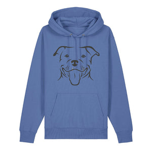Black outline illustration of the head of a Staffordshire Bull Terrier on the front of a bright blue unisex Hoodie