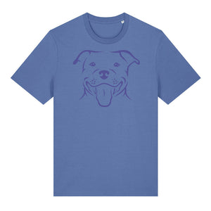 Blue outline illustration of the head of a Staffordshire Bull Terrier on the front of a bright blue unisex t-shirt