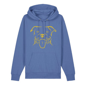 Gold outline illustration of the head of a Staffordshire Bull Terrier on the front of a bright blue unisex Hoodie