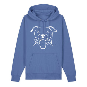 White outline illustration of the head of a Staffordshire Bull Terrier on the front of a bright blue unisex Hoodie