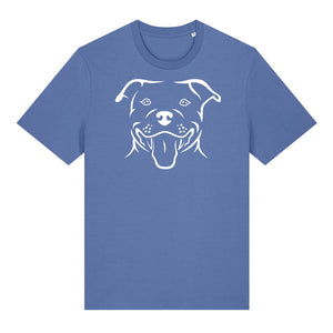 White outline illustration of the head of a Staffordshire Bull Terrier on the front of a bright blue unisex t-shirt