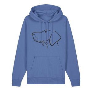 Black outline illustration of the head of a Hungarian Vizsla on the front of a bright blue unisex Hoodie