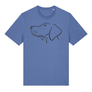 Black outline illustration of the head of a Hungarian Vizsla on the front of a bright blue unisex t-shirt